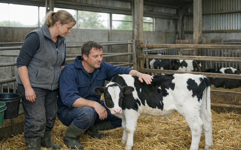 Een dierenarts onderzoekt een kalf in het bijzijn van een veehouder