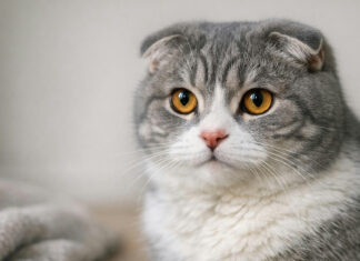 Aangifte tegen Marktplaats om verboden dieren Close-up van een grijs-witte Scottish fold-kat met de kenmerkende gevouwen oren