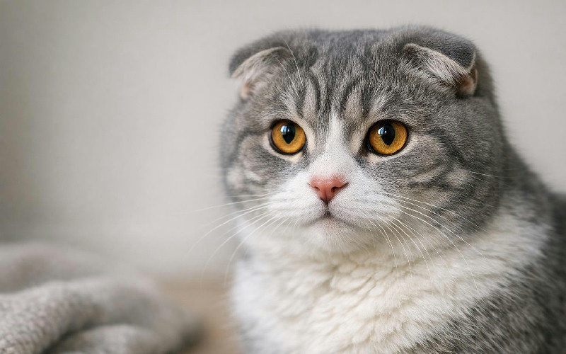 Close-up van een grijs-witte Scottish fold-kat met de kenmerkende gevouwen oren