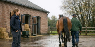 Westnijlvirus bij 169 paarden, nieuwe gevallen nemen af Paardendierenarts beoordeelt de gang van een paard op het erf van een Nederlandse stal