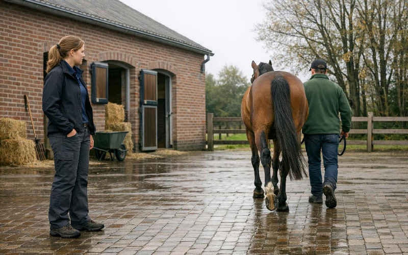 Paardendierenarts beoordeelt de gang van een paard op het erf van een Nederlandse stal