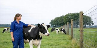 Wolven in Drenthe vallen steeds vaker runderen aan, dierenartsen vragen om beheer Dierenarts bij een jonge Holstein-koe in een Drents weiland met wolfwerend raster