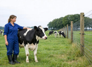 Wolven in Drenthe vallen steeds vaker runderen aan, dierenartsen vragen om beheer Dierenarts bij een jonge Holstein-koe in een Drents weiland met wolfwerend raster