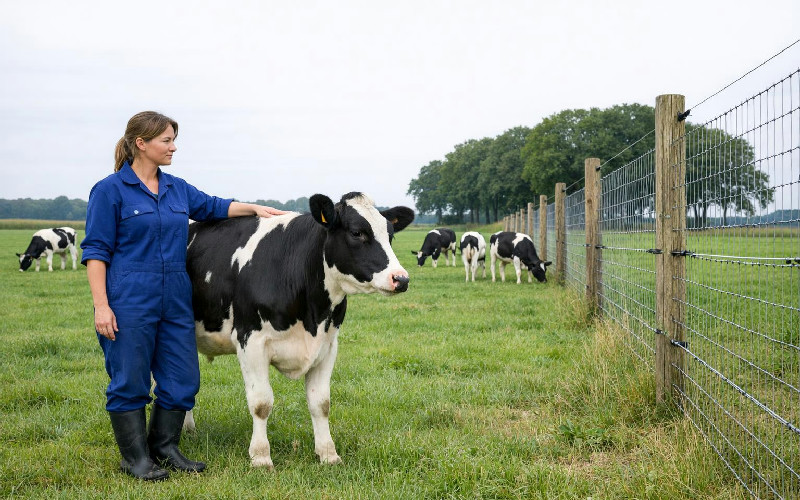Dierenarts bij een jonge Holstein-koe in een Drents weiland met wolfwerend raster